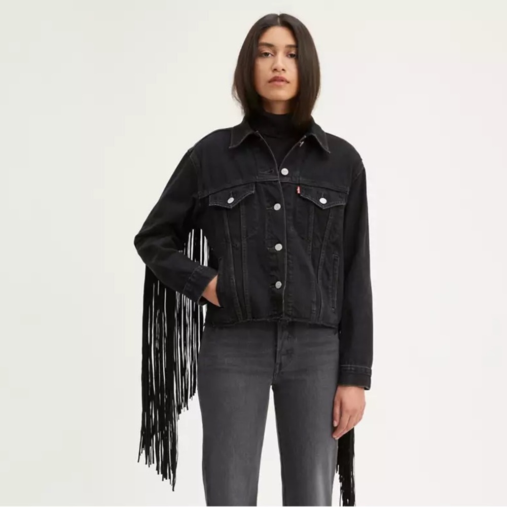 Levi's® Premium | EX-BOYFRIEND FRINGE TRUCKER JACKET | Hella Fringe Black | XS